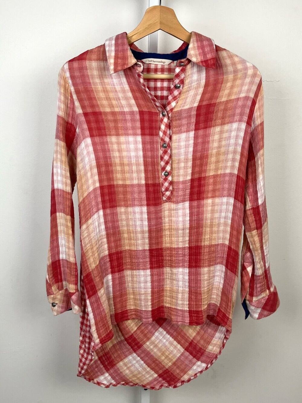 SOFT SURROUNDINGS XS Plaid Check Popover Tunic Top Hi Low Hem Cotton Gauze Red